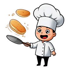 Cartoon chef character holding a frying pan with eggs