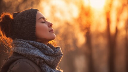 Side view portrait of a relaxed woman breathing fresh air at sunset in the mountain in winter, Pensive relaxed girl thinking in winter looking forward at sunset, generative ai