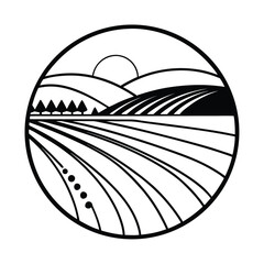 Minimalist farm landscape illustration with field,trees,hills,and sun in black and white