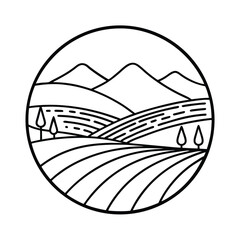 Minimalist landscape illustration in circle frame featuring hills,trees,and agricultural fields