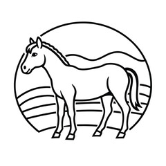 Minimalist horse illustration in round frame simple black and white design horseback riding