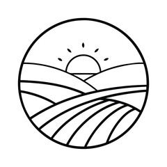 Circular line art landscape illustration of a field with a rising sun