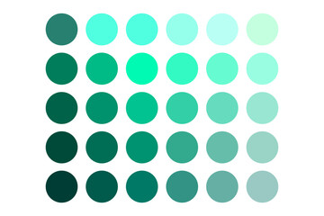 Green circle palette. Dot gradient layout. Round color swatches. Vector hue pattern.