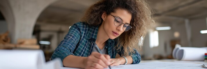 A creative woman intently sketches detailed designs at her workspace, showcasing her artistic talent and passion for creativity in an inspiring environment.