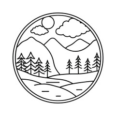 Simple mountain landscape line art inside circle vector illustration