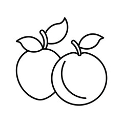 Two peaches with leaves in simple black outline style vector illustration