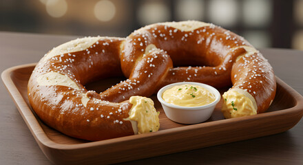 Golden Pretzel Garnished With Salt Served On Wooden Tray With Creamy Dip