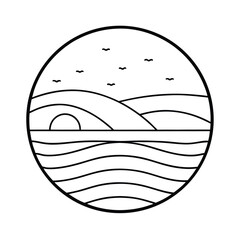 Minimalist ocean landscape line art in circle frame serene seascape sunrise illustration
