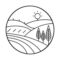 Minimalist landscape illustration of hills trees and sun in a circular frame black and white