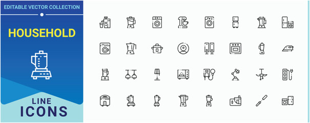 Set of Household line icon. Contain linear symbols house, domestic, wash, kitchen, cook and more. Household Appliances icon set. Modern linear icons. Editable vector art and illustration.