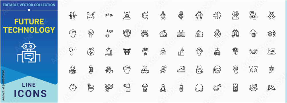 Poster future technology icon set. includes symbols for science, artificial, gadget, automation, smart, cyb