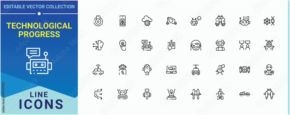 Poster technological progress line icon set. contains related to computer, smart, artificial, technology, c