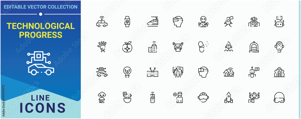 Poster technological progress line icon set. contains related to computer, smart, artificial, technology, c