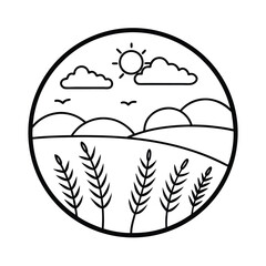 Minimalist black and white landscape with wheat field hills sun and clouds in circle frame