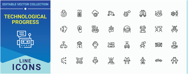 Technological Progress line icon set. Contains related to computer, smart, artificial, technology, cyber and more. Future Technology icon. Editable vector illustration.