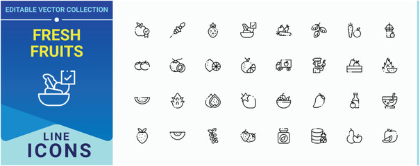 Fresh Fruits icon set. Includes thin line symbols fresh juicy apple, healthy and more. Fruits icon collection. Minimal icons set. Pixel perfect. Editable vector.