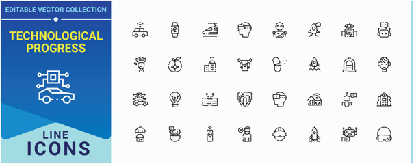 Technological Progress line icon set. Contains related to computer, smart, artificial, technology, cyber and more. Future Technology icon. Editable vector illustration.