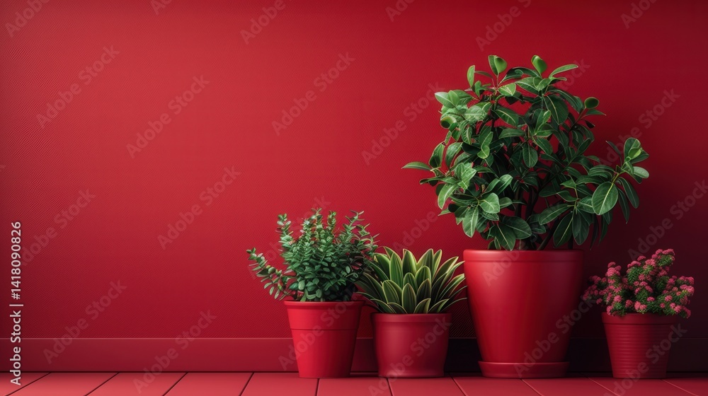 Poster a collection of lush indoor plants in various red pots sits against a striking red wall, adding a po
