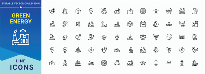 Set of Green Energy line icon. Included power, eco, environmental, sustainable, environment and more. Minimal icons collection. Eco icon set in linear style. Editable stroke. Vector collection. © Rubbble
