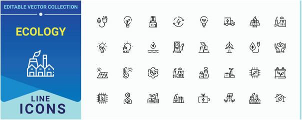 Ecology linear icon set. Contains such symbols as power, environment, hydro, bio, green, electric, energy and more. Green Energy icon set. Thin icons set. Editable stroke collections.