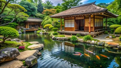Obraz premium Japanese Garden with Koi Pond and Wooden Structures