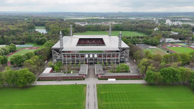LEVERKUSEN, GERMANY - 18 APRIL, 2025: Aerial spring view of Rhein Energie Stadium, home stadium of Bundesliga football club 1.FC Koeln 
