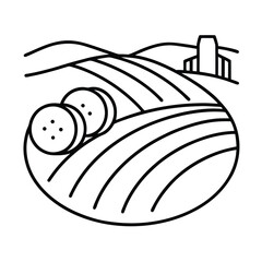 Farm landscape minimalist icon vector illustration with hay bales and barn outline