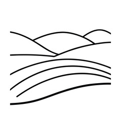 Minimalist black and white landscape outline illustration with hills and curved fields design