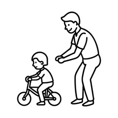 Line art of father teaching son to ride bike minimalist illustration