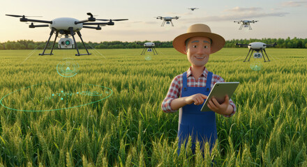 3D photorealistic illustration of a farmer using a tablet while monitoring a field with AI-powered drones, precision farming, agritech, clean technology