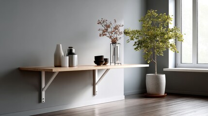 Functional design and space efficiency, modern simplicity, A minimalist interior featuring a wooden shelf, decorative vases, and a potted plant by a large window.