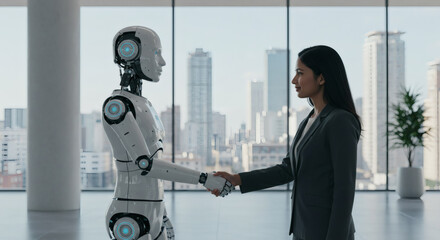 Photorealistic 3D render of a handshake between a human and a humanoid robot in a corporate lobby, artificial intelligence, ethics, partnership, innovation