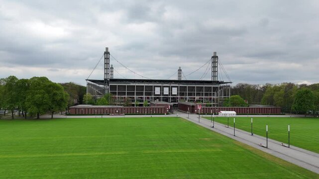 LEVERKUSEN, GERMANY - 18 APRIL, 2025: Aerial spring view of Rhein Energie Stadium, home stadium of Bundesliga football club 1.FC Koeln 