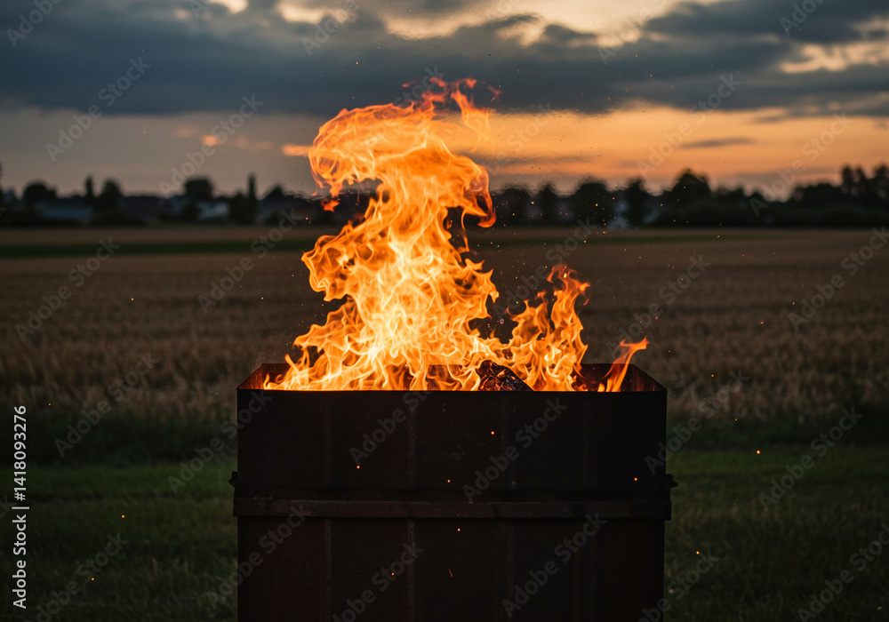 Poster burning waste in open fire pit at sunset with flames and smoke over field creating a warm and fiery 