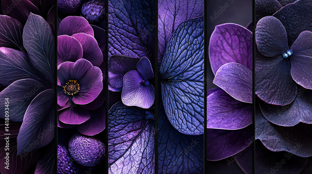 Aufkleber Purple flowers arranged in a harmonious display highlighting various shapes and textures, showcasing natural beauty
