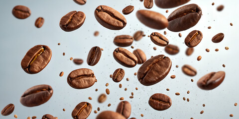 Flying Roasted Coffee Beans Isolated on White Background – Close-up of Aromatic Coffee Seeds in Motion
