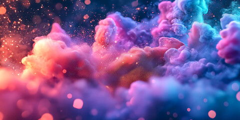  A vibrant and ethereal abstract image resembling colorful smoke or clouds with glowing particles, evoking a dreamy and cosmic atmosphere.