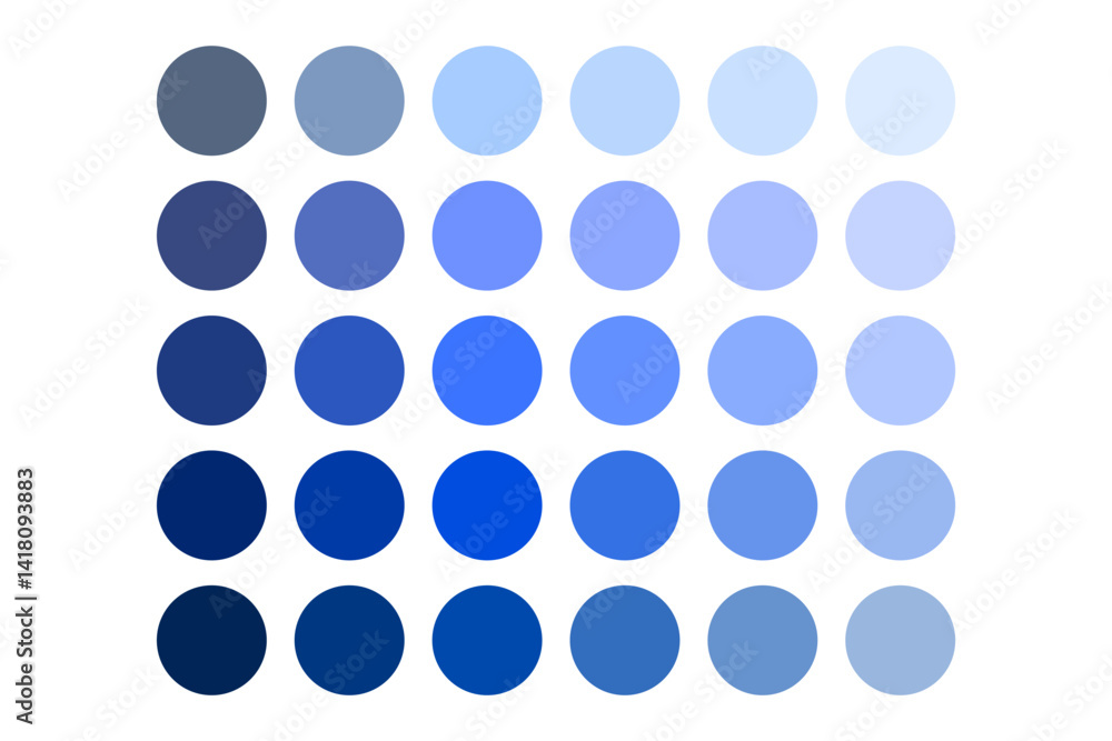 Poster circle color palette. blue tone gradient. round swatch grid. vector dot layout.
