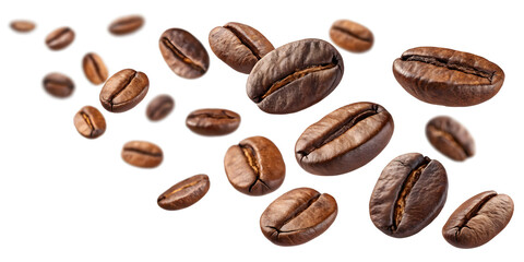 Flying Roasted Coffee Beans Isolated on White Background – Close-up of Aromatic Coffee Seeds in Motion