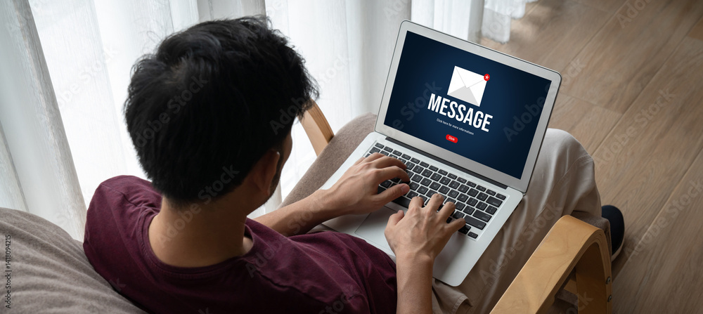 Poster email notification message showing on computer screen snugly. digital marketing message information 