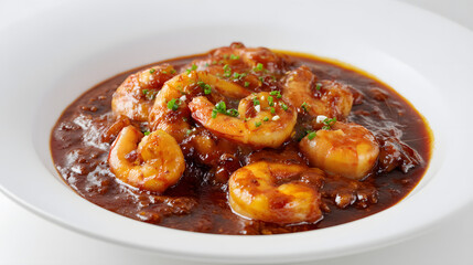 Delicious shrimp dish in savory sauce served in a white bowl, showcasing rich colors and textures