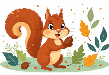 cute cartoon squirrel holding an acorn in a stylized forest setting with trees, colorful leaves, and acorns on the ground illustration with white background