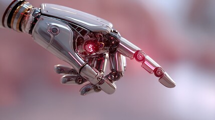 Metallic robotic hand pointing forward with internal light