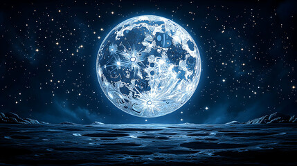 Celestial moon over alien landscape