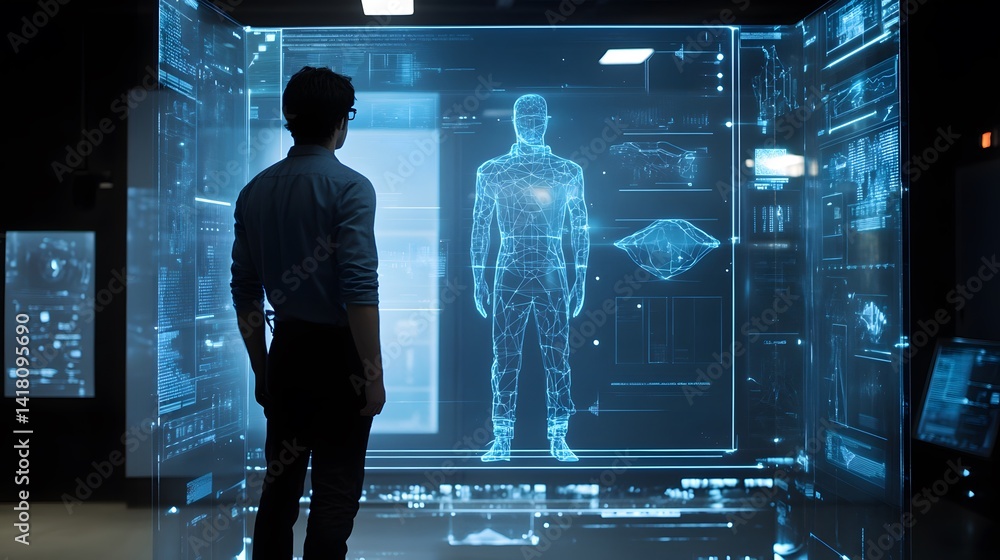 Poster a high-tech holographic mockup studio, designers placing virtual objects into real-world environment