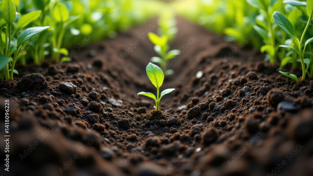 Poster close-up of a farm field with freshly planted seeds sprouting from rows in rich brown soil.