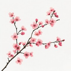 Close up of blooming pink cherry blossom branches against white background