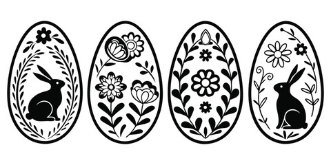 Beautiful Easter Eggs with Floral Patterns and Rabbit Silhouettes Vector Image Graphic Art Illustration of Easter