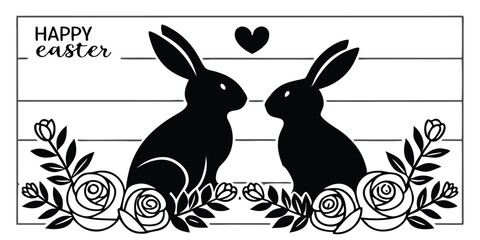 Cute Easter Bunny Silhouette with Floral Decoration Vector Image Graphic Art Illustration of Easter