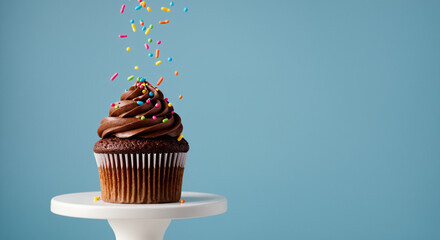 Chocolate cupcake with falling sprinkles on pastel blue background